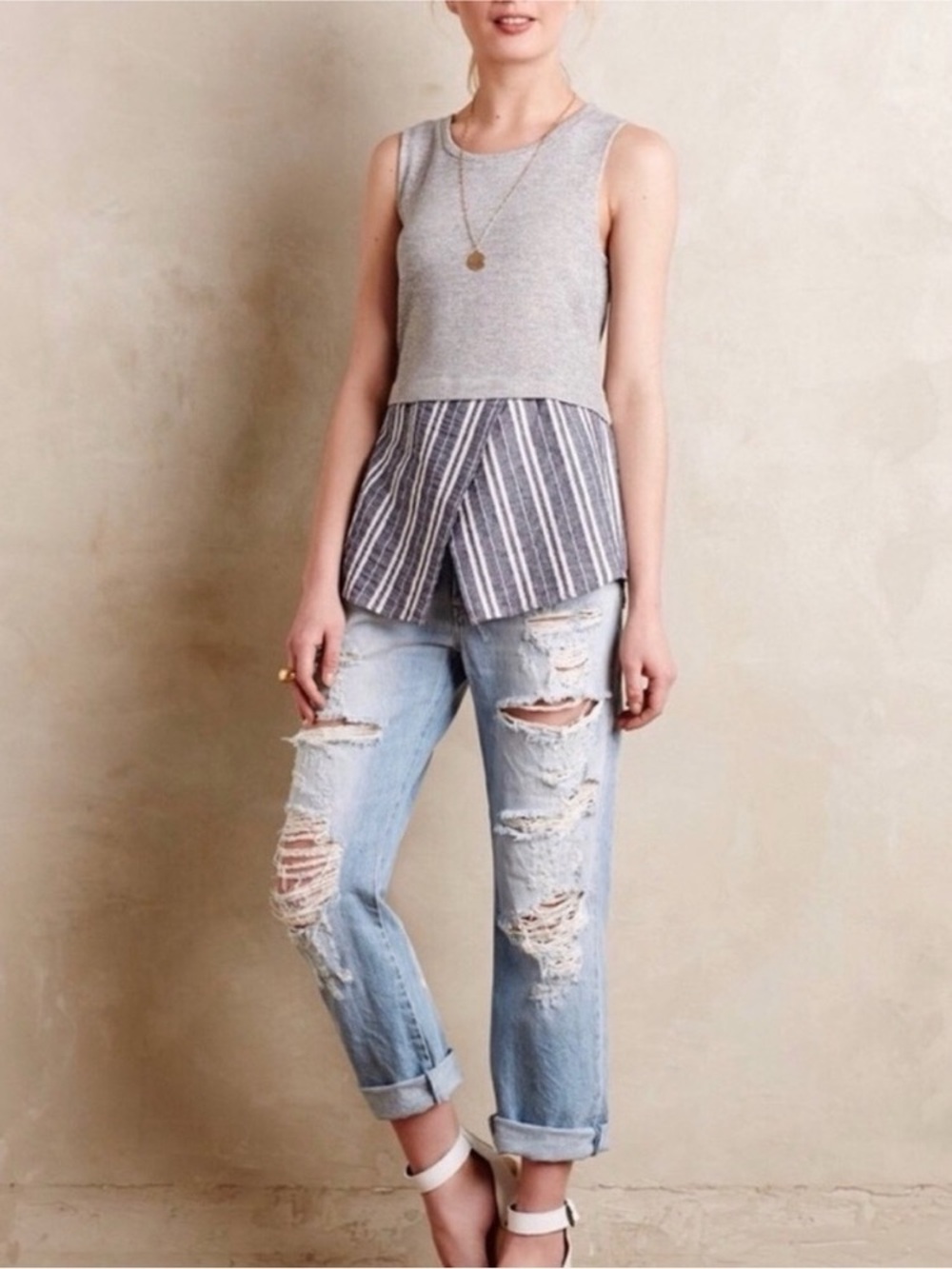 Anthropologie Sunday in Brooklyn Ashton Layered Tank Top XS Gray Stripe Peplum